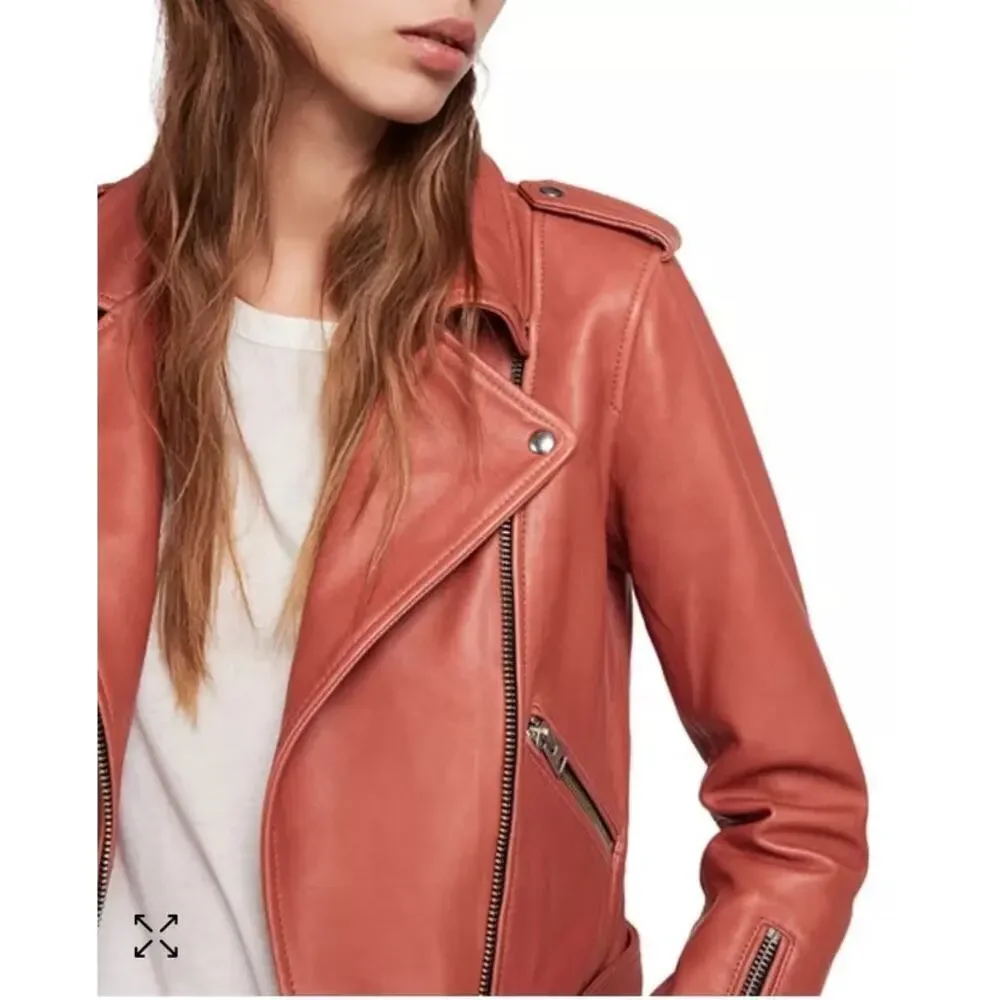 ALLSAINTS Balfern Leather Biker Jacket in Rose Wood Pink - Picture 6 of 13